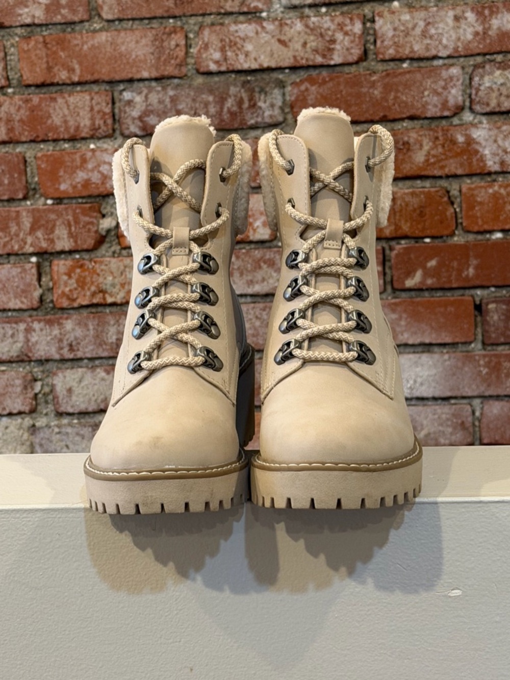DV Dolce Vita Roster Lace-Up Shearling Boots - Cream - Size 9